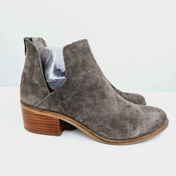 Steve Madden Lancaster Bootie 7.5 Grey Suede Leather Stacked Block Heel Zip Back - Picture 6 of 13